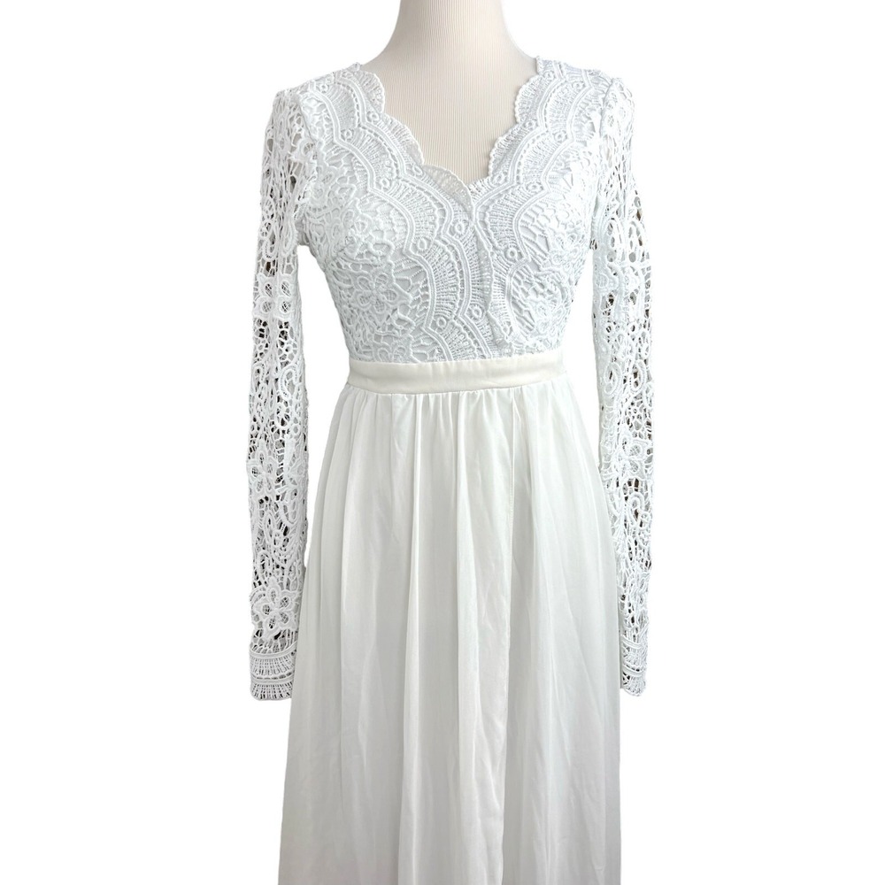 BEAUTIFUL MANIJU Ivory Lace Sheer Gown Long Sleeve Open Back Maxi Small